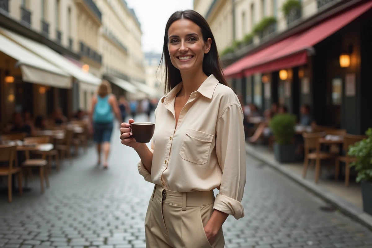 Femme quadragénaire souriante en terrasse de café parisien tenant un café, portrait editorial en extérieur