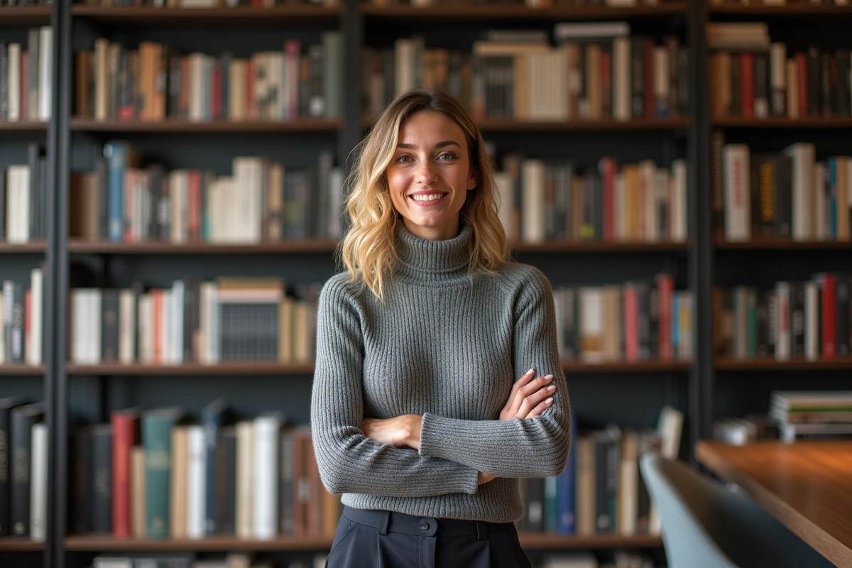 Femme dans la quarantaine devant une bibliothèque de livres créatifs, portrait professionnel style auteure ou photographe