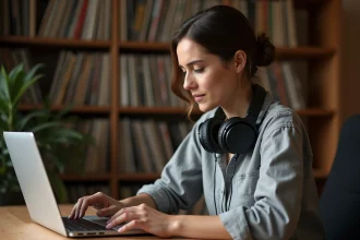 Femme cherchant une musique de fond sur son ordinateur portable avec un casque autour du cou dans un studio créatif