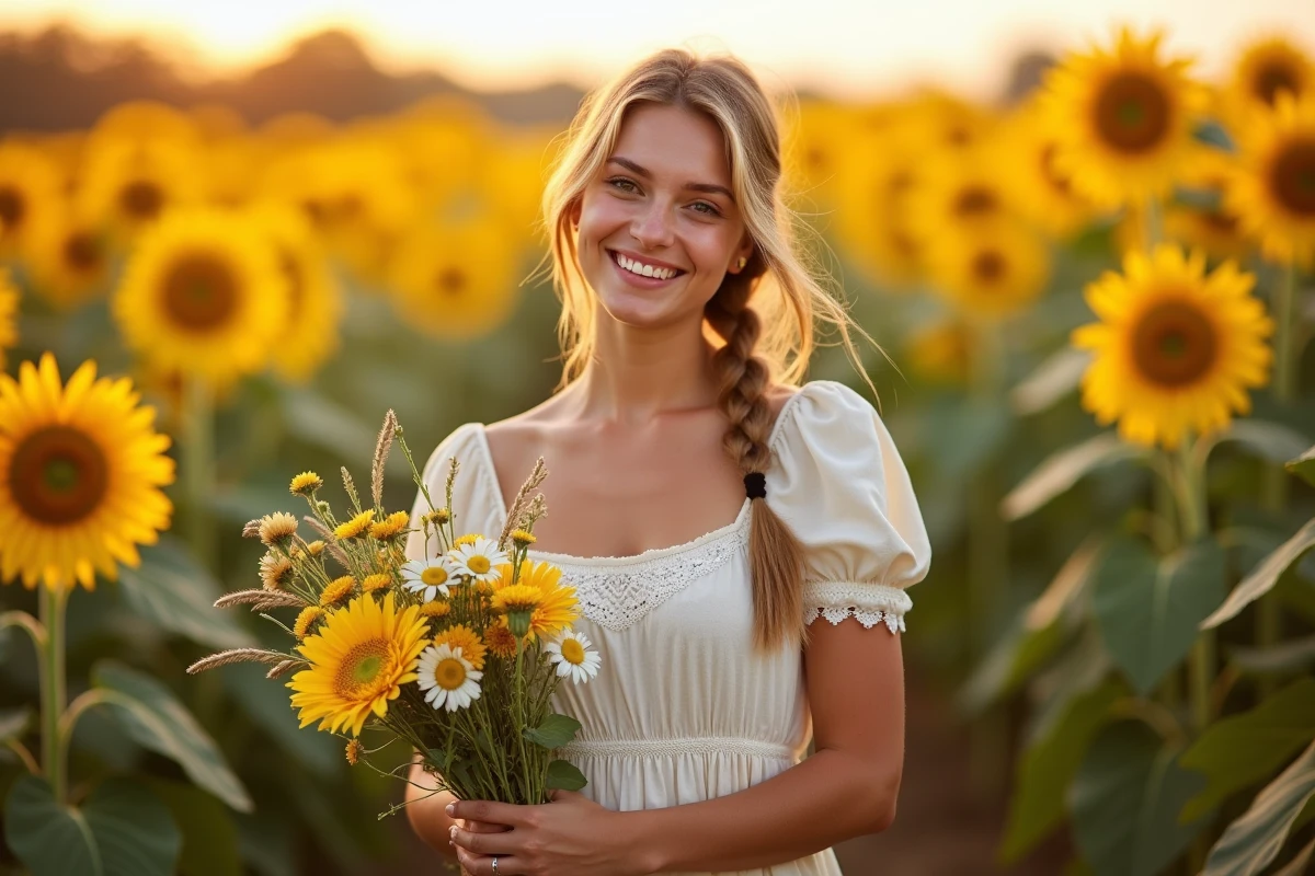 Jeune femme en robe champêtre tenant un bouquet de fleurs sauvages dans un champ de tournesols à la campagne