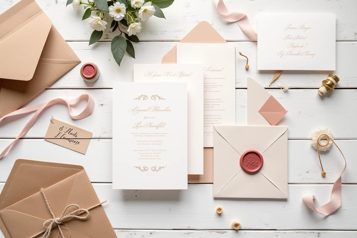 Vue de dessus d'un ensemble de faire-part de mariage élégants avec sceau de cire et enveloppes kraft, planification anticipée