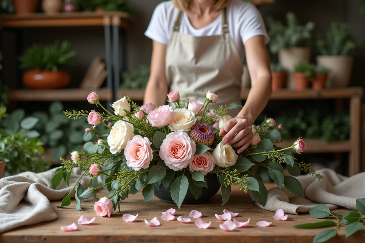 Fleuriste professionnelle assemblant un centre de table de mariage avec des fleurs coûteuses comme des renoncules et des proteas