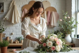 Fleuriste arrangeant un bouquet de mariée en harmonie avec des échantillons de tissu de mariage en tons blush et ivoire