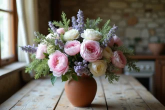 Bouquet champêtre mêlant pivoines roses, lavande et renoncules blanches dans un vase en terre cuite sur une table en bois rustique