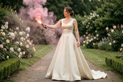 Mariée en robe ivoire tenant un fumigène rose à distance de sa robe lors d'une séance photo de mariage en extérieur