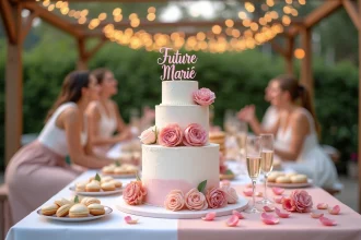 Table de desserts d'un enterrement de vie de jeune fille avec gâteau blanc et rose décoré de fleurs en sucre et macarons sur une terrasse