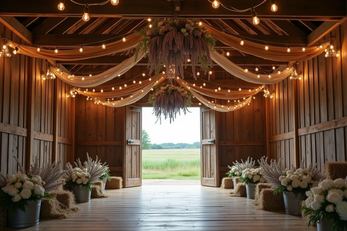 Intérieur d'une grange rustique décorée pour un événement champêtre avec fleurs séchées, guirlandes en toile de jute et sièges en bottes de foin
