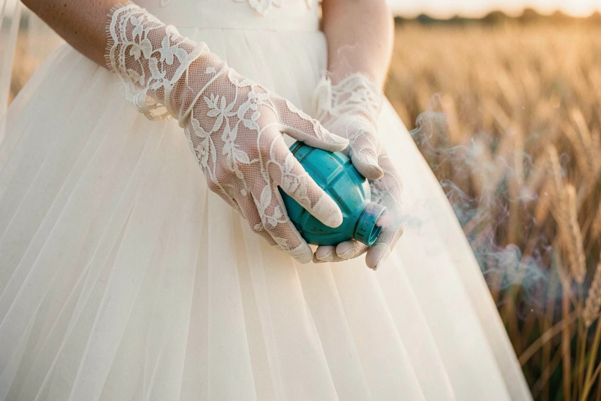 Gros plan sur les mains gantées d'une mariée tenant un fumigène turquoise loin de sa robe en tulle pour éviter les taches