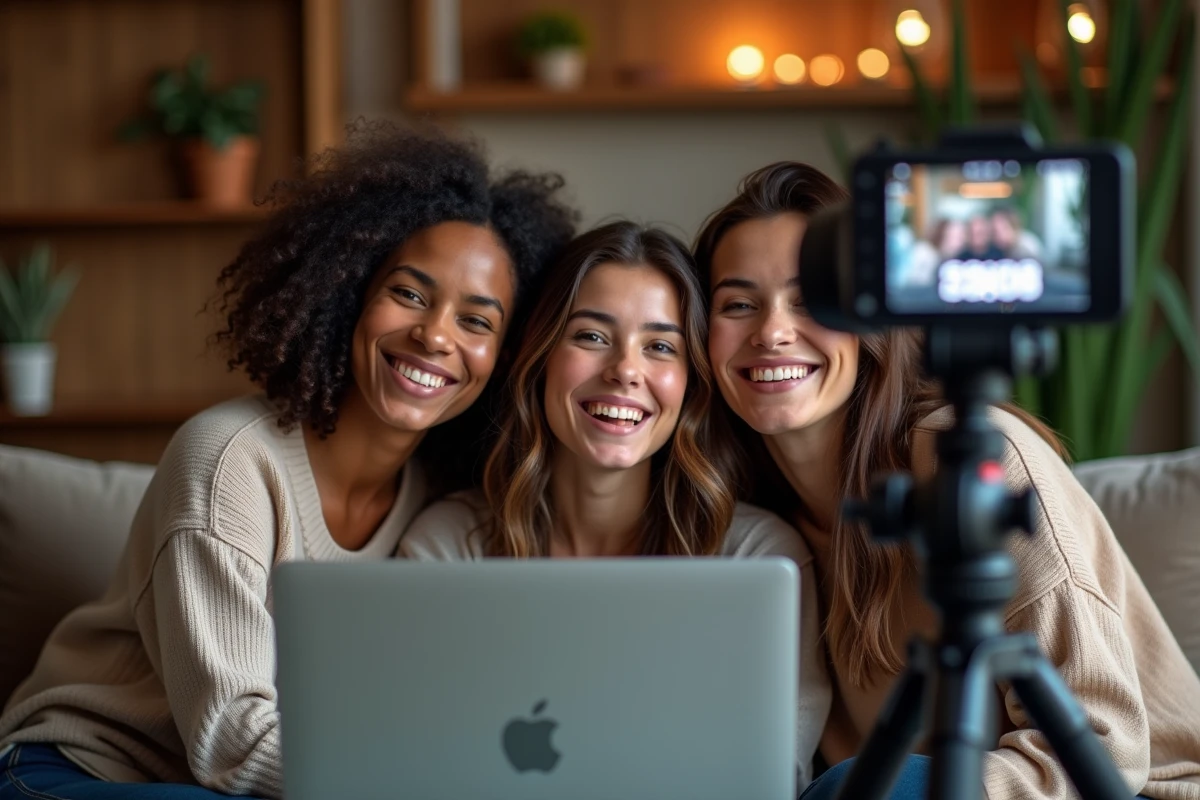 Groupe d'amis utilisant un logiciel photobooth sur ordinateur portable avec appareil photo reflex lors d'une soirée à domicile
