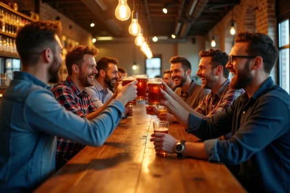 Groupe d'amis portant un toast lors d'un enterrement de vie de garçon dans un bar urbain