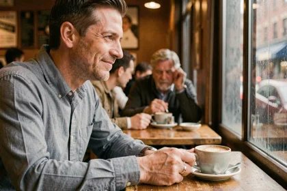 Homme marié assis dans un café avec une alliance visible, regard rêveur vers l'extérieur, exprimant une émotion secrète