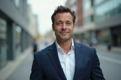 Portrait d'un homme public au sourire énigmatique en veste bleue dans un cadre urbain, illustrant le mystère autour de sa vie sentimentale