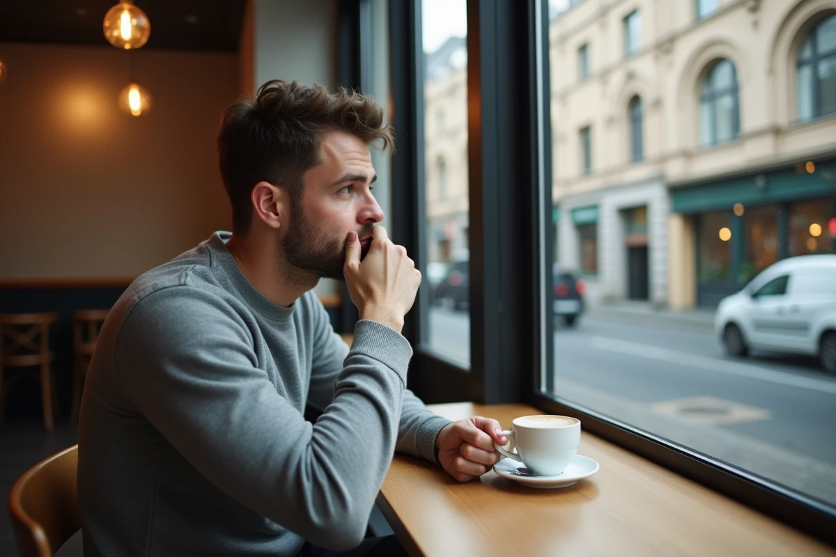 Homme pensif seul dans un café regardant par la fenêtre, évoquant la discrétion et le mystère autour de sa vie amoureuse