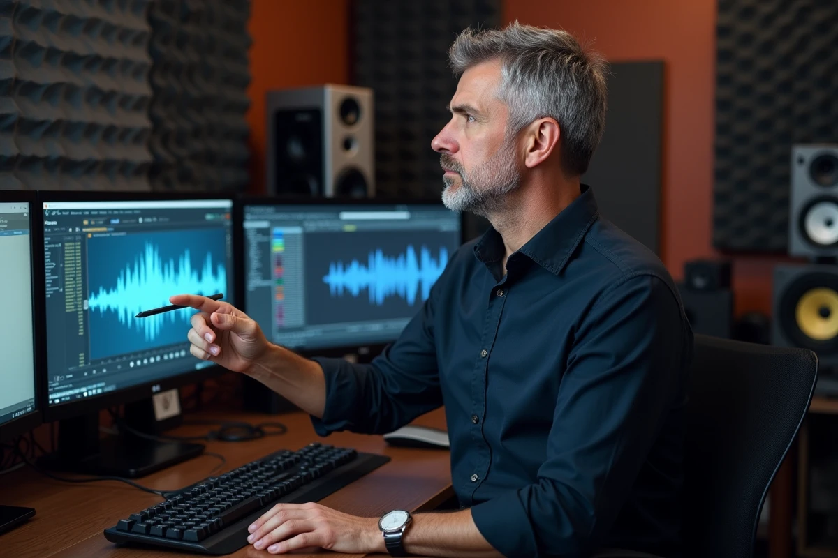 Homme en studio de montage vidéo professionnel sélectionnant une musique de fond sur des écrans d'édition audio