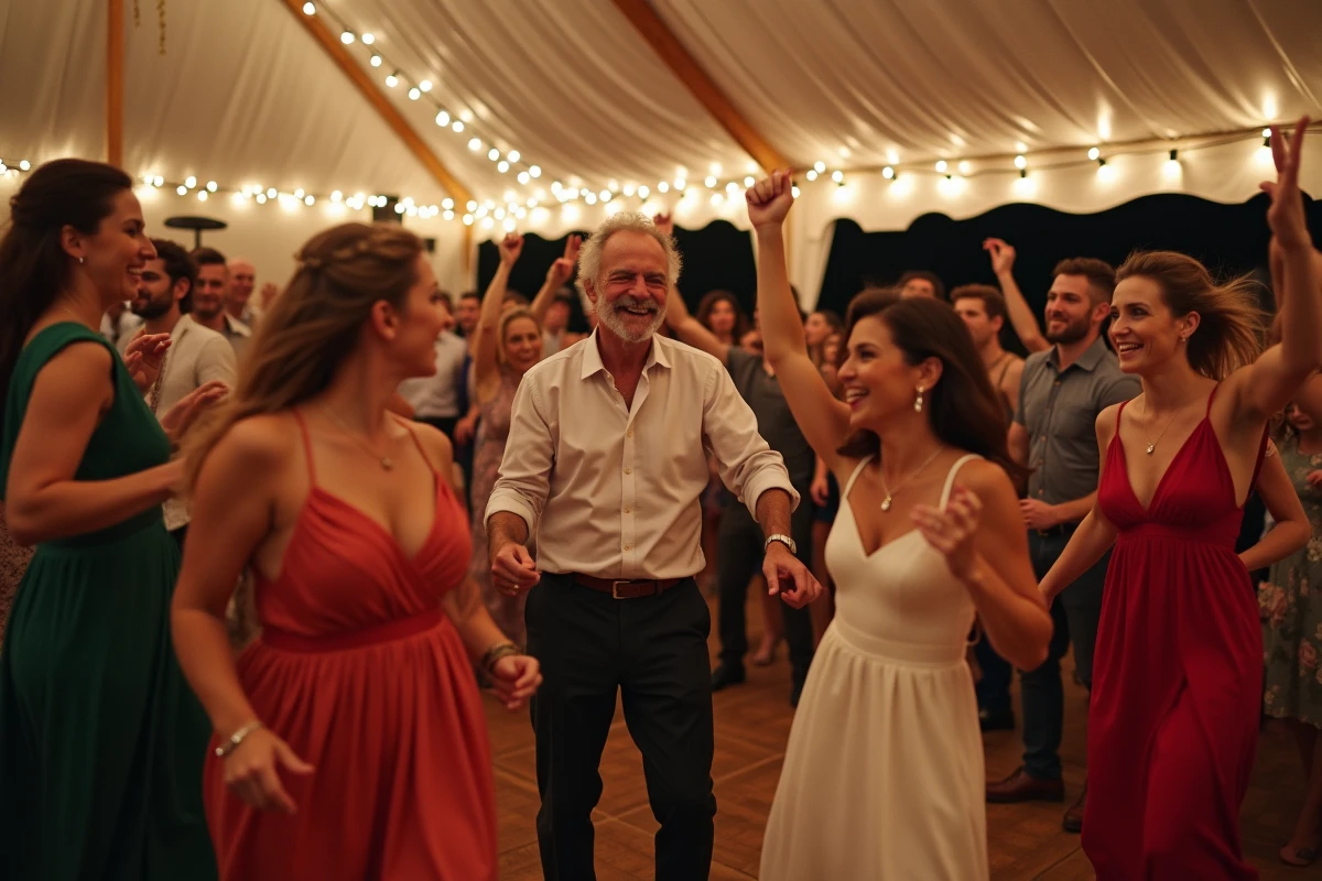 Invités joyeux dansant ensemble sous un chapiteau de mariage décoré de guirlandes lumineuses
