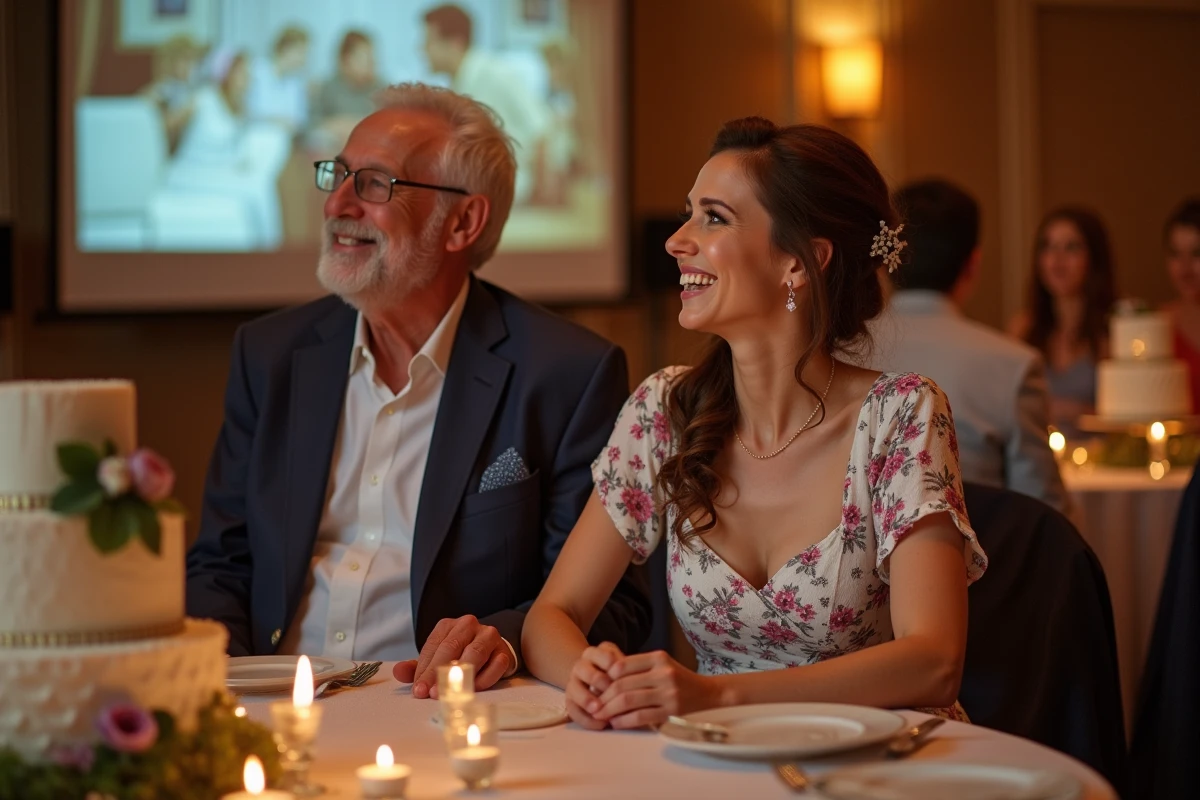 Grand-père et jeune femme ému regardant un diaporama de mariage lors d'un dîner de réception en salle
