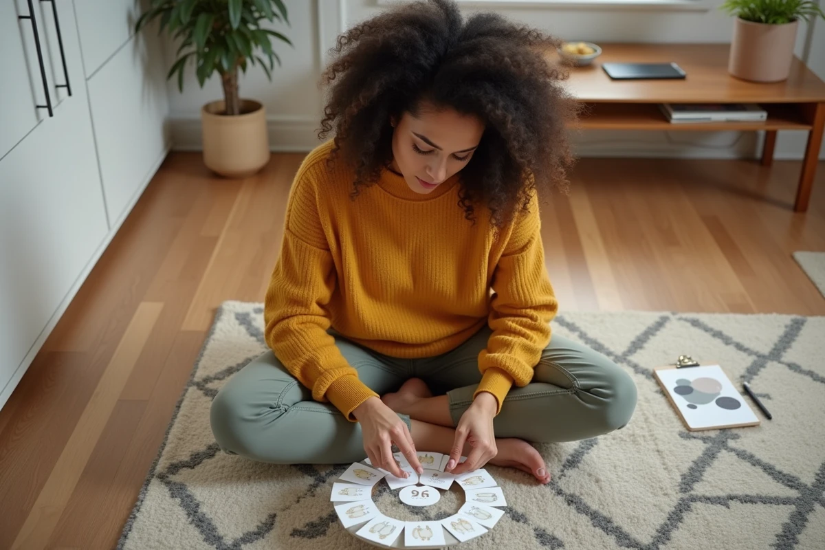 Femme arrangeant les cartes du jeu des 12 mois en cercle sur un parquet en bois