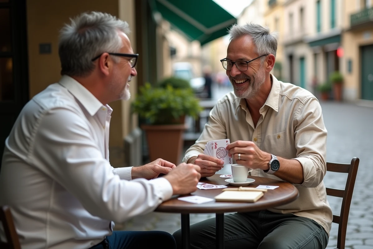 Deux hommes jouant au jeu des 12 mois en terrasse de café avec un jeu de cartes imprimé