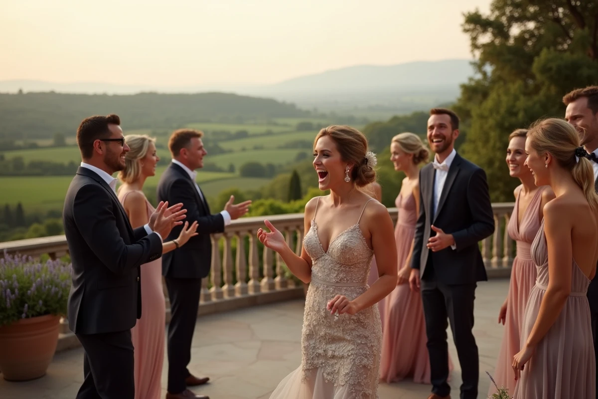 Invités d'un mariage participant à un jeu d'animation sur une terrasse de domaine viticole au crépuscule