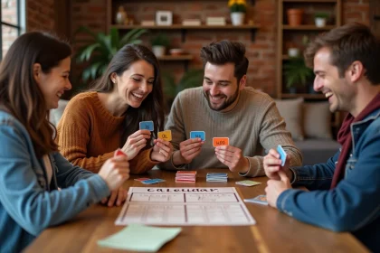 Groupe d'adultes jouant au jeu des 12 mois autour d'une table en bois avec des cartes de mois colorées