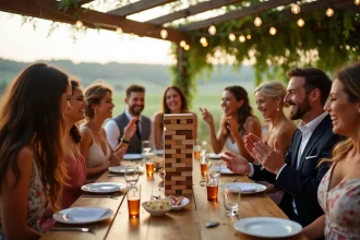 Invités de mariage jouant au Jenga géant en extérieur sur une terrasse décorée lors d'une réception champêtre