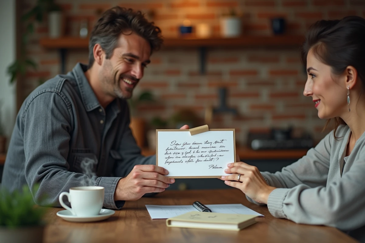Homme offrant une lettre manuscrite à sa compagne autour d'une table de cuisine rustique, geste d'amour sincère et attentionné