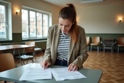 Femme en blazer consultant un contrat de location de salle des fêtes à tarif associatif