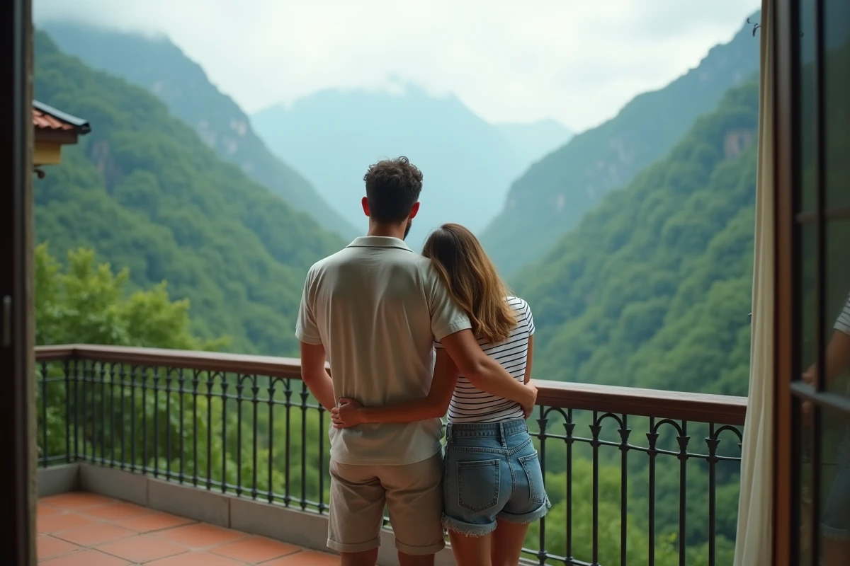 Couple contemplant un paysage montagneux depuis un balcon d'hôtel lors d'une lune de miel avant le mariage