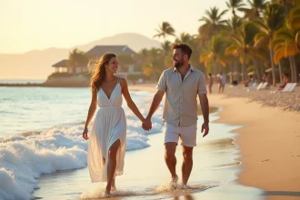 Couple marchant main dans la main sur une plage tropicale lors d'une lune de miel anticipée avant le mariage