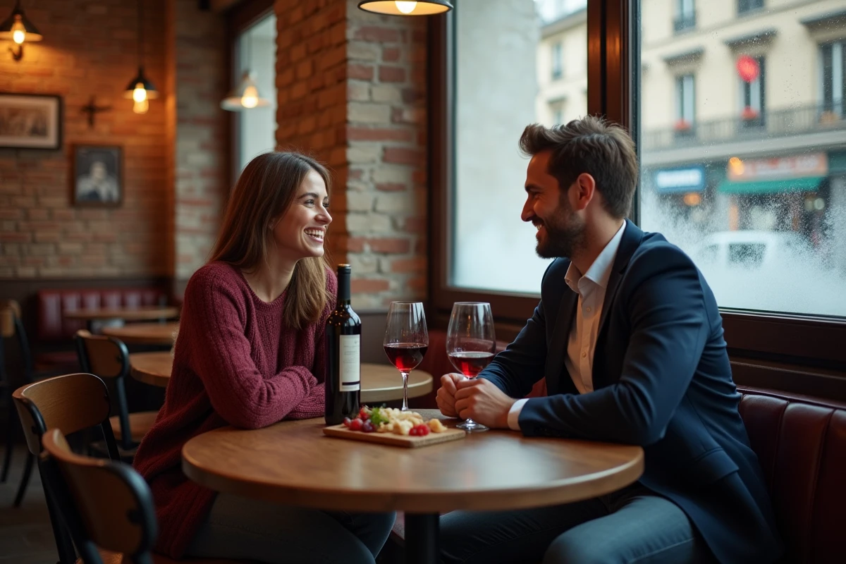 Couple en lune de miel partageant un repas romantique dans un bistrot parisien chaleureux