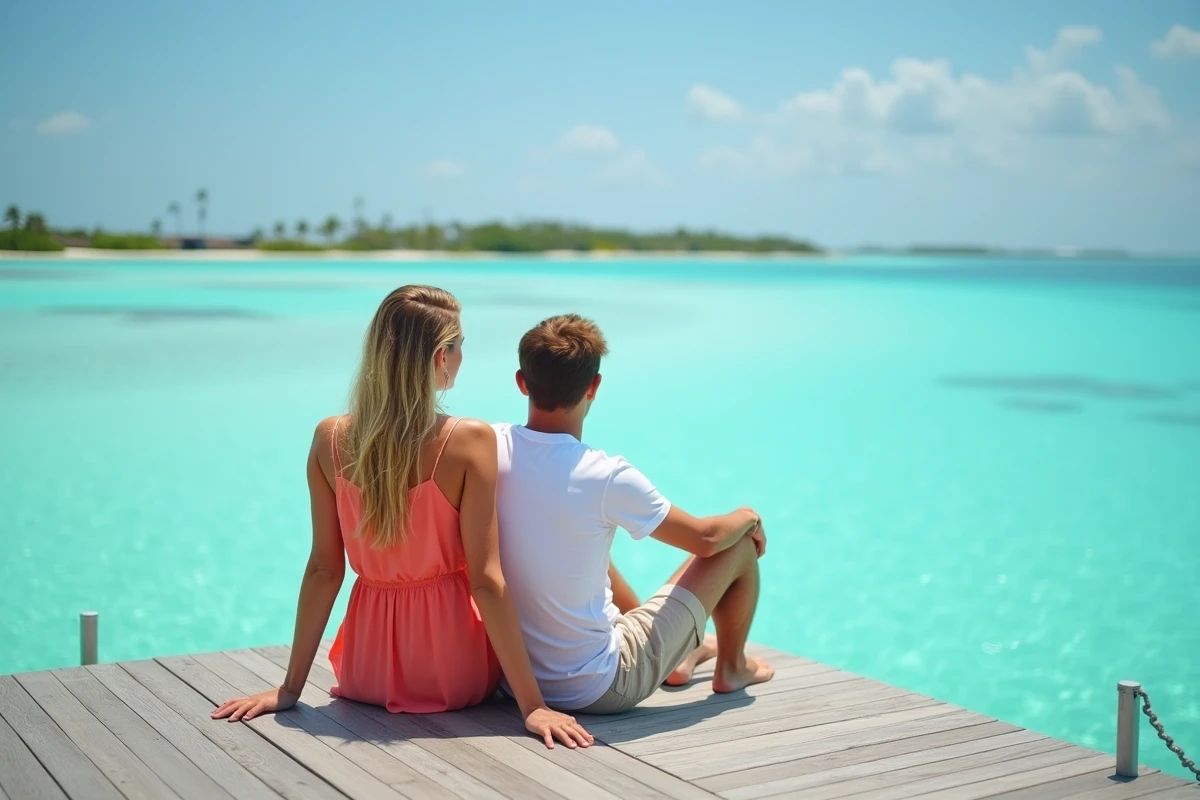 Couple en voyage de noces sur un bungalow sur pilotis aux Maldives face au lagon turquoise