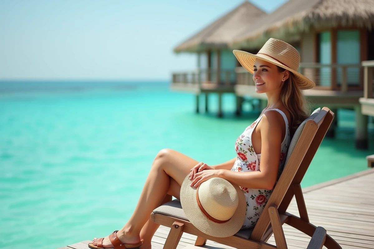 Femme en voyage de noces aux Maldives assise sur la terrasse d'un bungalow sur l'eau face au lagon turquoise