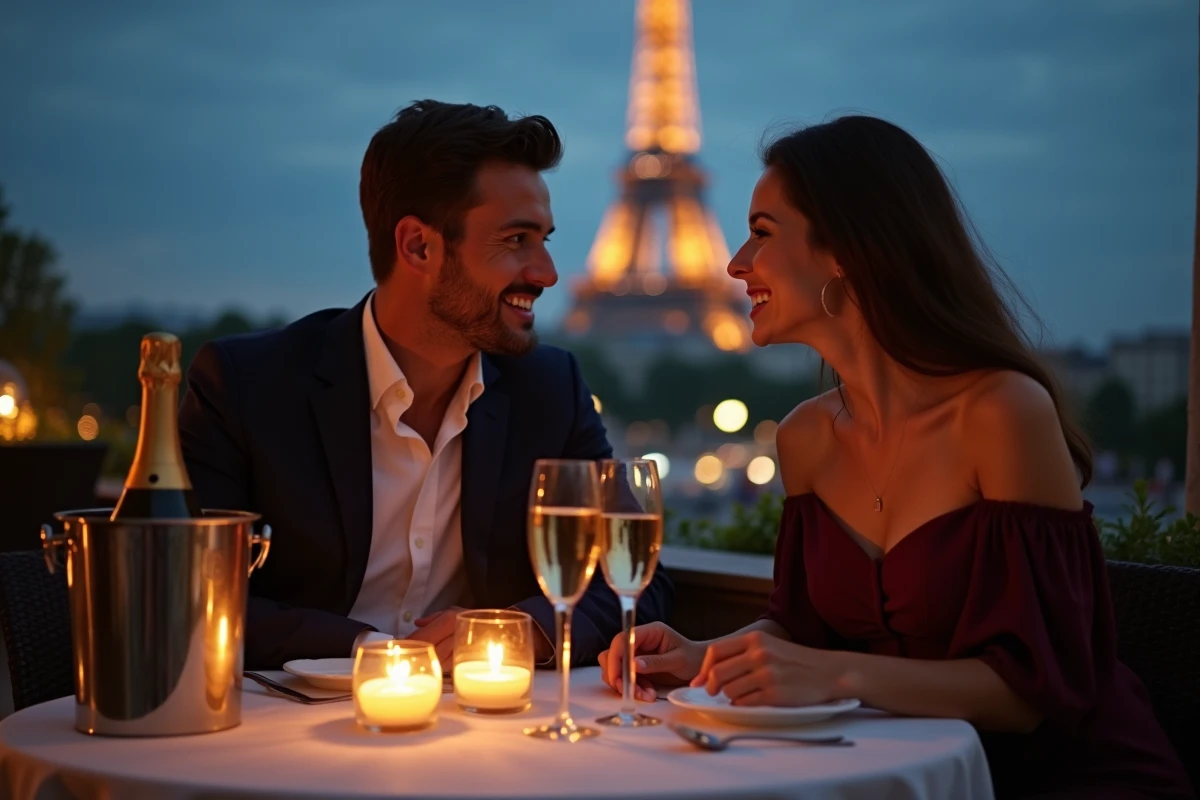 Couple de jeunes mariés dînant en terrasse à Paris avec la Tour Eiffel en arrière-plan lors de leur lune de miel