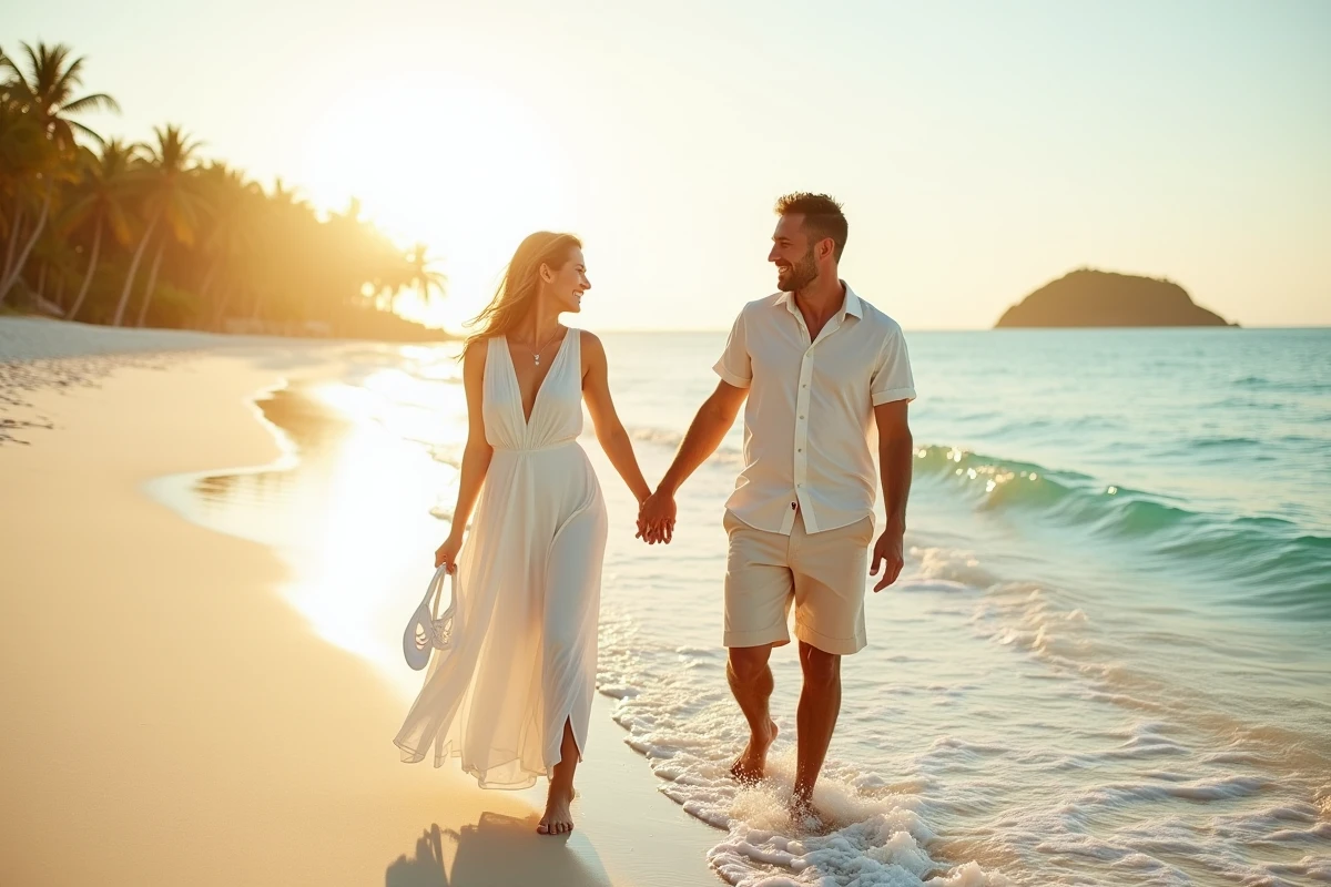 Couple de mariés en lune de miel marchant pieds nus sur une plage tropicale