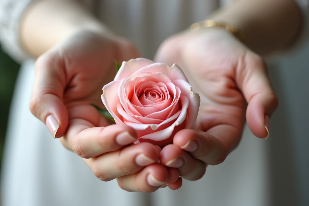 Gros plan de mains avec alliances échangeant une rose rose pour symboliser 17 ans de mariage