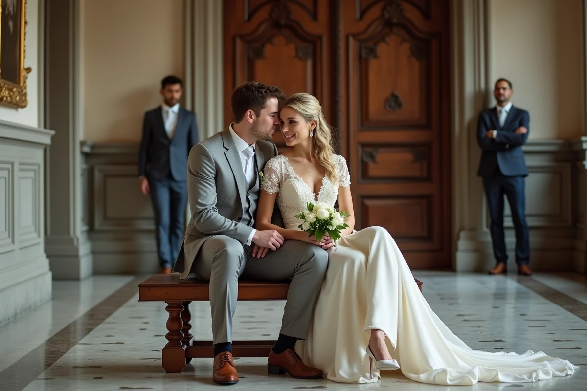 Mariés partageant un moment intime à la mairie lors d'un mariage civil sobre avec seulement deux témoins