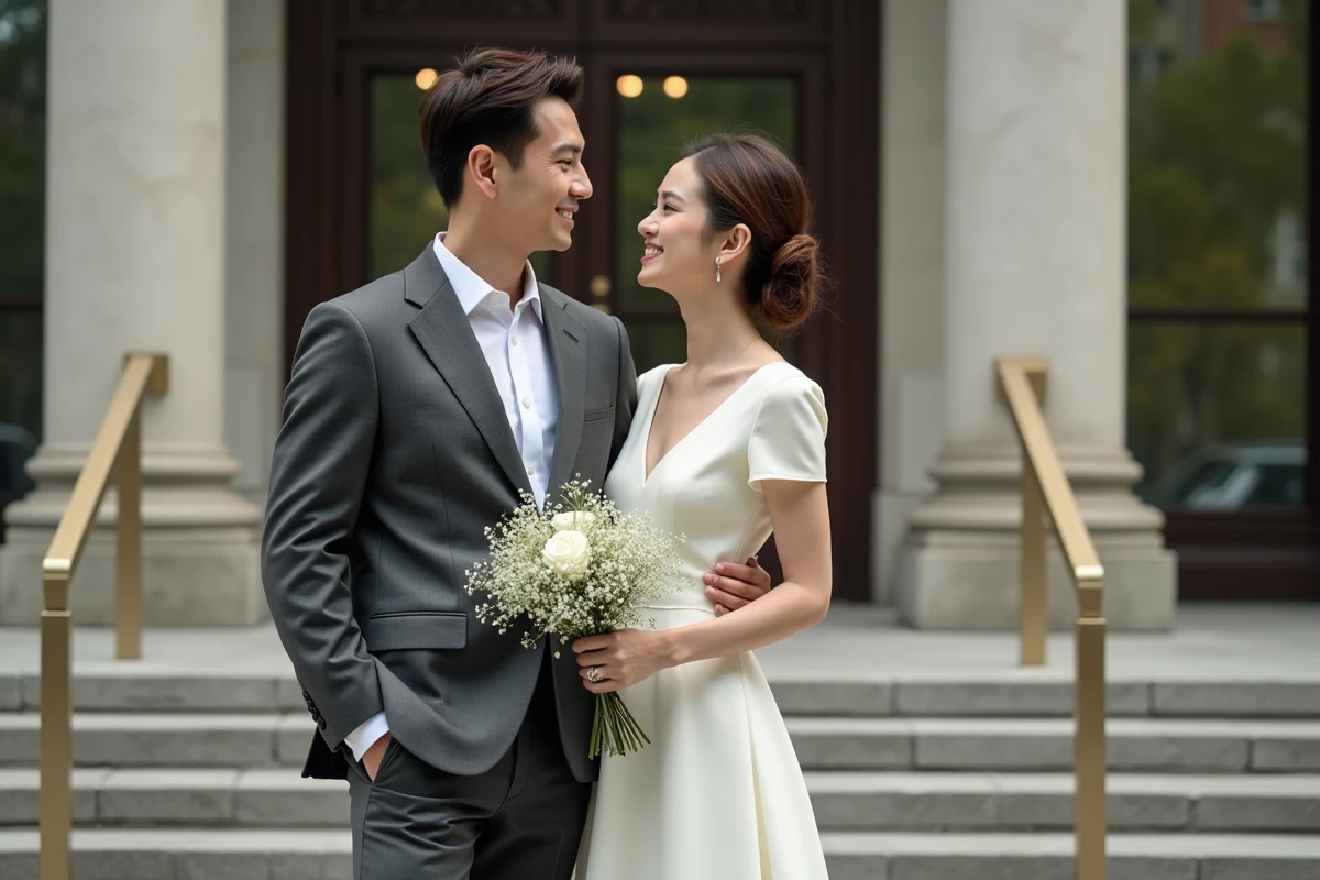 Couple devant la mairie le jour de leur mariage civil exprimant une intention matrimoniale sincère et officielle