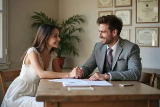 Jeune couple signant leur acte de mariage civil dans une mairie simple et chaleureuse, mariage économique et authentique