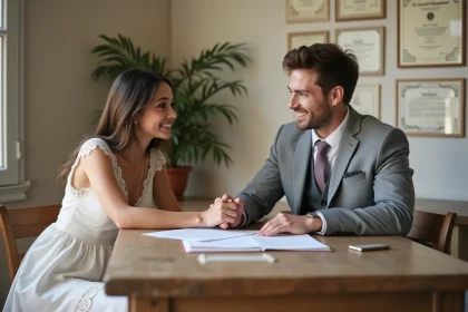Jeune couple signant leur acte de mariage civil dans une mairie simple et chaleureuse, mariage économique et authentique