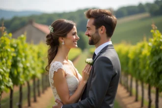 Couple échangeant leurs vœux dans un vignoble français au printemps lors d'un mariage en plein air