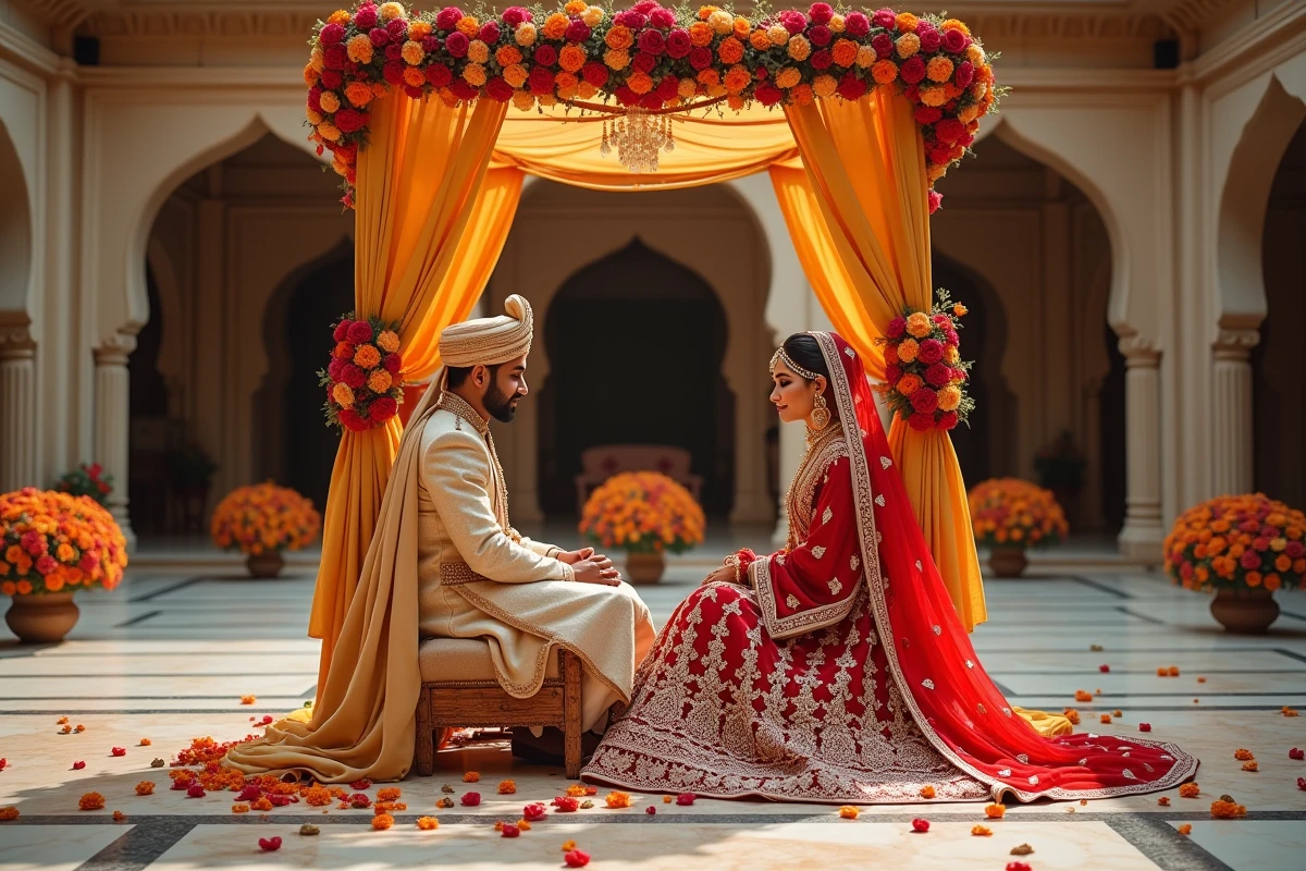 Cérémonie de mariage indien traditionnel sous un mandap décoré de guirlandes de fleurs dans un palais du Rajasthan