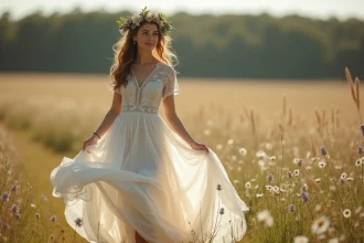 Mariée bohème en robe de dentelle ivoire avec couronne de fleurs séchées dans une prairie sauvage ensoleillée