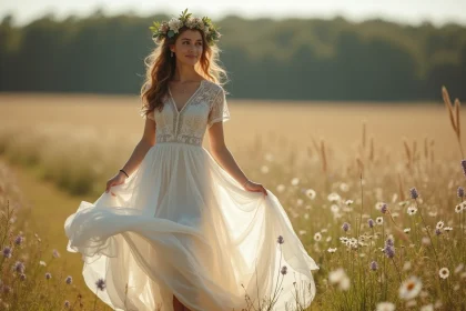 Mariée bohème en robe de dentelle ivoire avec couronne de fleurs séchées dans une prairie sauvage ensoleillée