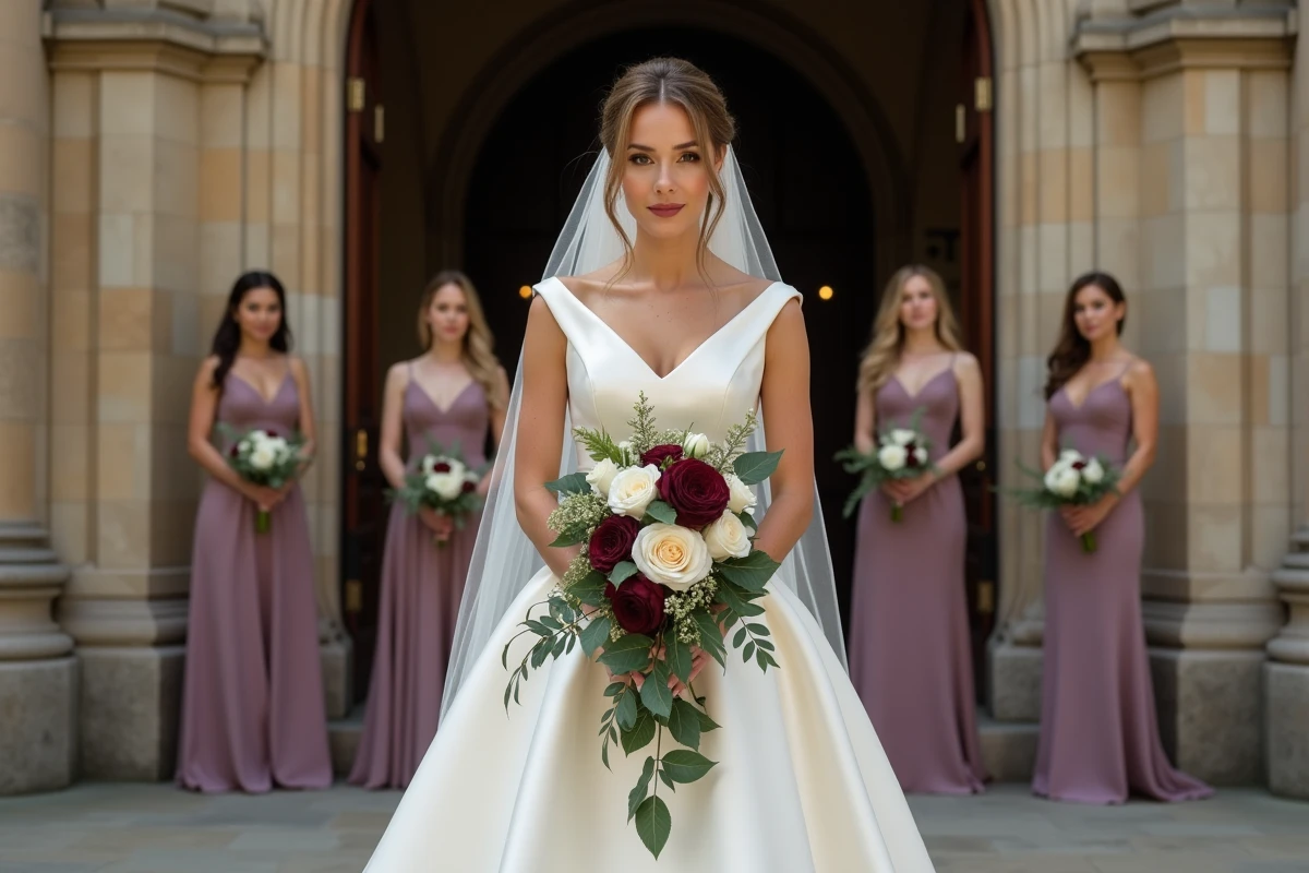 Mariée tenant un bouquet de fleurs en bordeaux et blanc contrastant avec les robes de demoiselles d'honneur mauve
