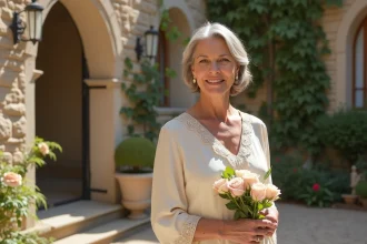Mariée élégante d'une cinquantaine d'années en robe ivoire en soie et dentelle dans une cour de château français