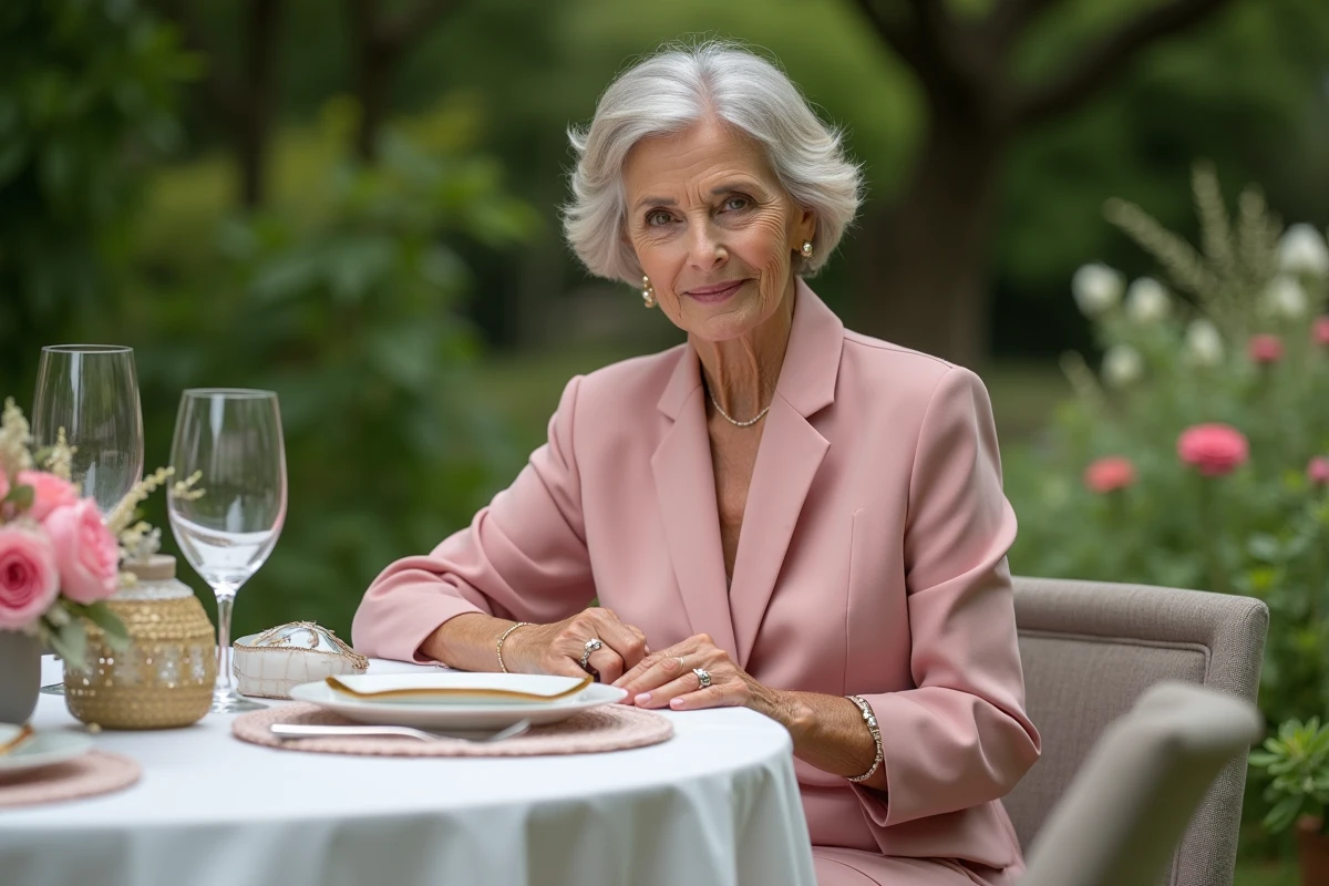 Mariée mature en tailleur rose poudré assis à une table de réception de mariage en jardin