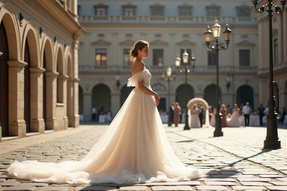 Mariée en robe de mariée sur une place pavée historique en début d'automne lors d'un mariage en septembre