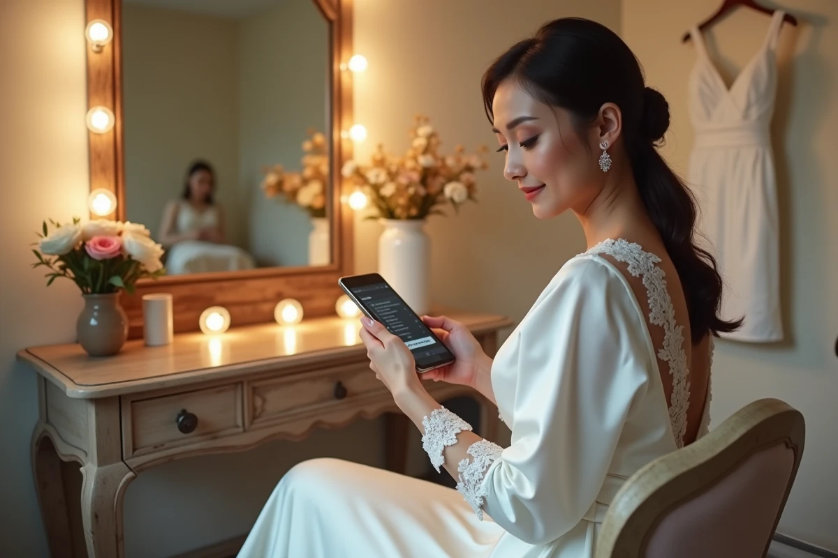 Mariée consultant sa playlist de mariage sur smartphone dans une salle de préparation avant la cérémonie