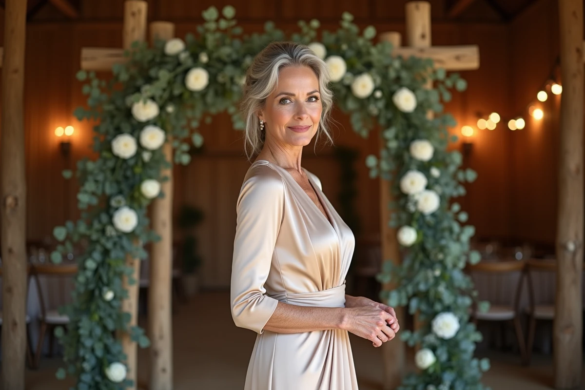 Mariée d'une soixantaine d'années en robe champagne satinée sous un arche de fleurs dans une grange décorée