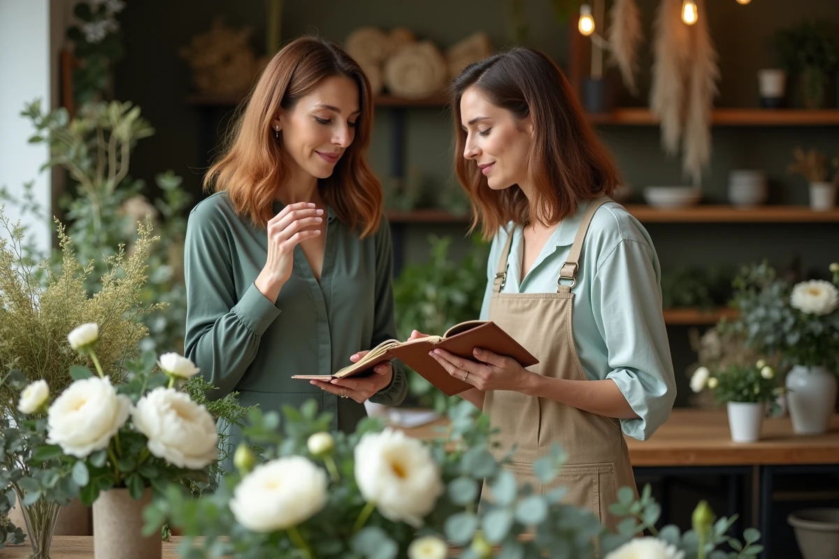 Mère de la mariée choisissant des arrangements floraux pour le mariage avec un fleuriste professionnel